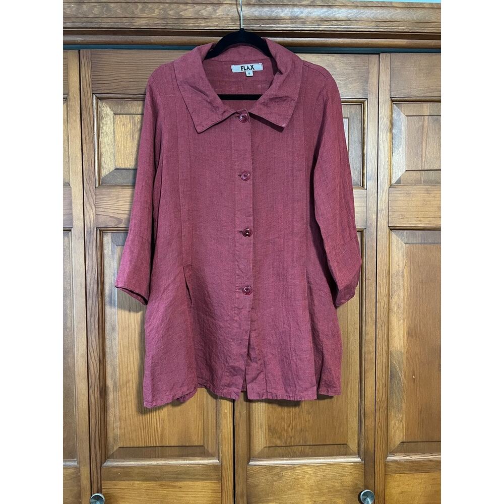 FLAX Women's 100% Linen Button Front Tunic Blouse Burgundy Lagenlook SZ S - Picture 2 of 12